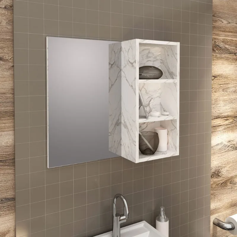Espelho para Banheiro com 3 Nichos 60x54cm Mármore Branco Tecno Mobili