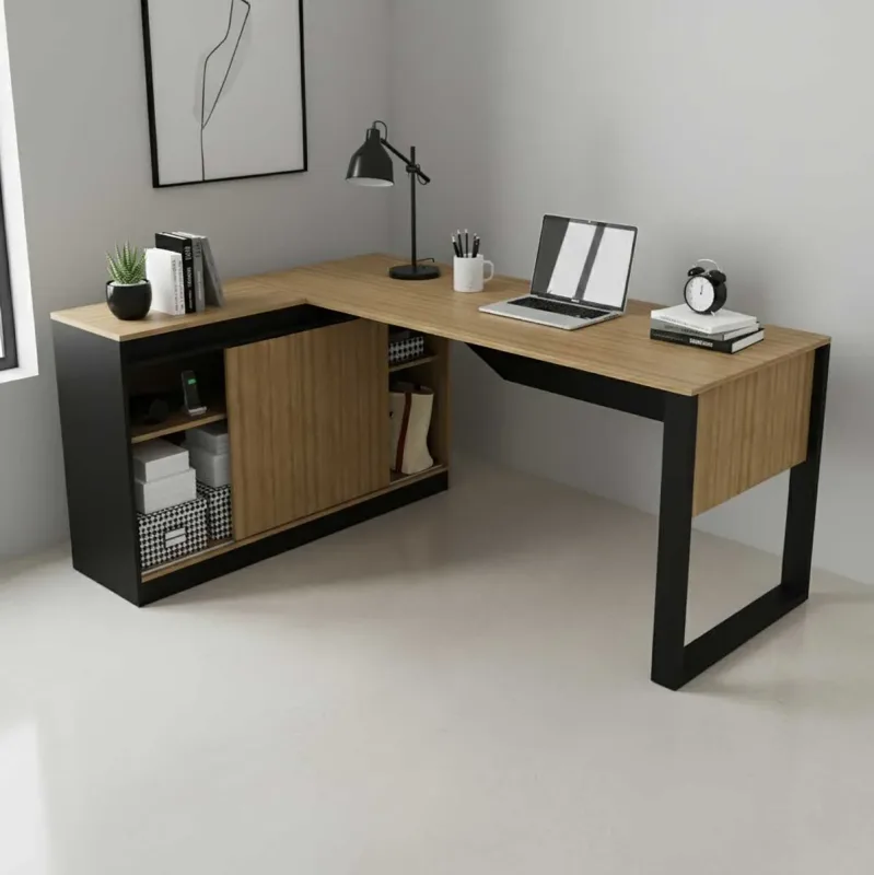 Mesa em L Escritório 160cm x 60cm Armário Lateral c/ Porta de Correr e 2 Nichos