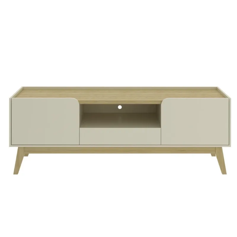 Rack Bancada Tv Até 75 Polegadas 2 Portas Arredondadas 1 Gaveta 180 Cm Nicho E Pés De Madeira