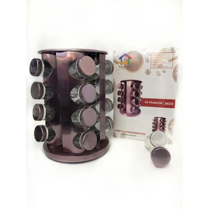 Porta Condimentos em Aço Inoxidável com 16 peças com suporte em Metal Rose