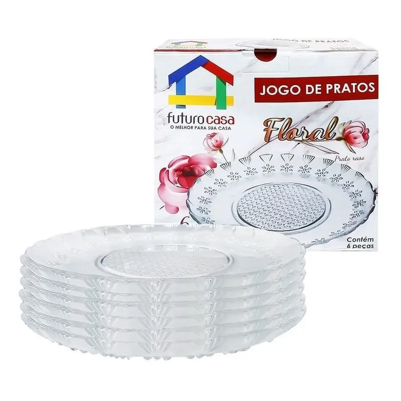Jogo 6 Pratos Sobremesa De Vidro Transparente 20cm Frutas