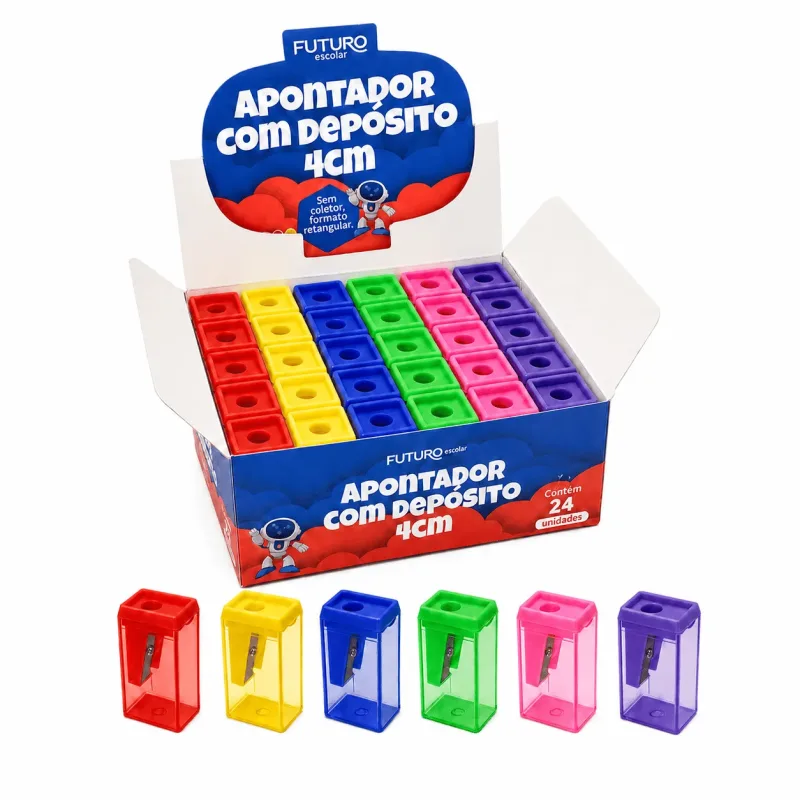 Apontador Plástico Depósito Retangular 4cm 6 Cores - 24 Unds - Futuro
