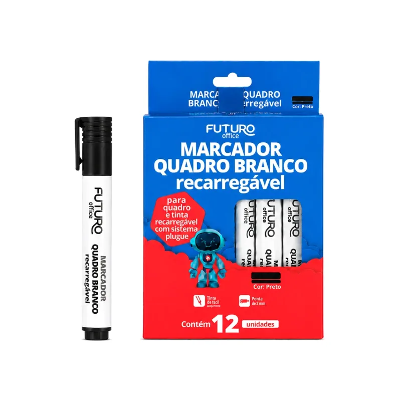 Marcador P/ Quadro Branco Recarregável Preto - 12 Unds - Futuro