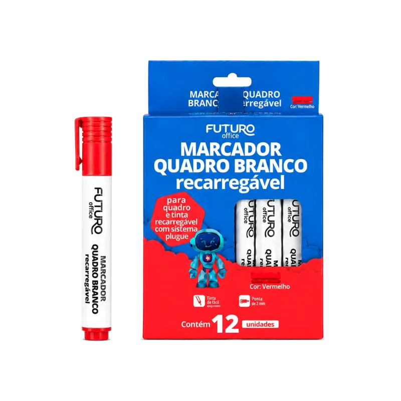 Marcador P/ Quadro Branco Recarregável Vermelho - 12 Unds - Futuro