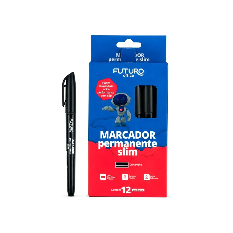 Marcador Permanente Ponta Fina Slim Preto - 12 Unds - Futuro