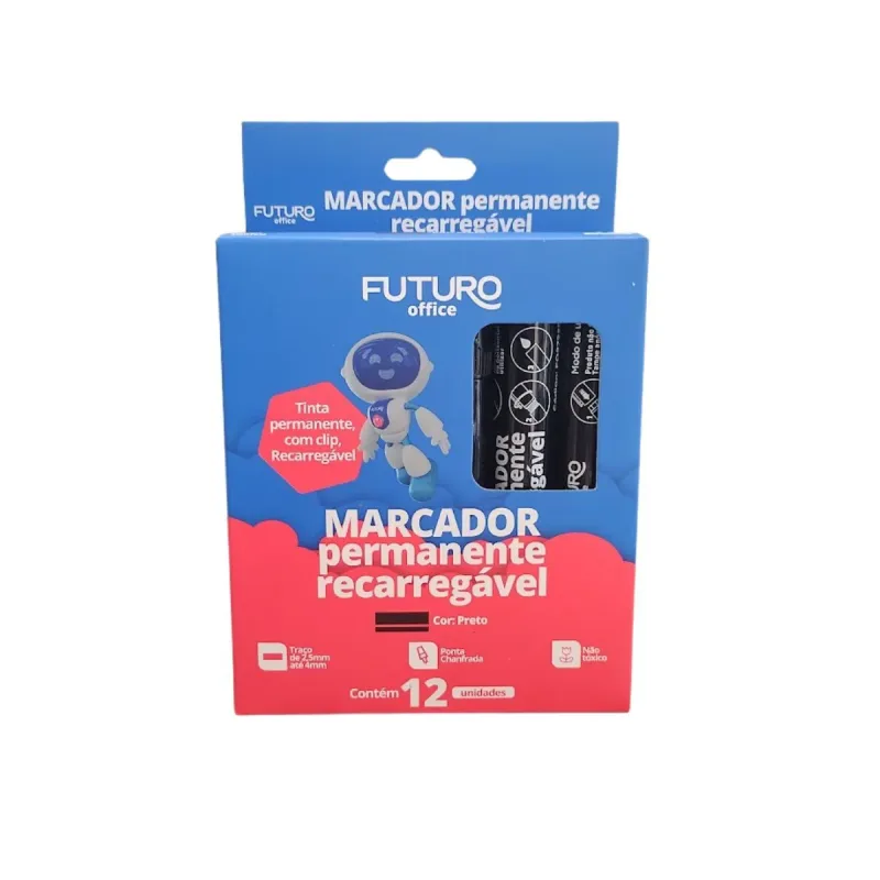 Marcador Permanente Futuro Recarregavel Preto com 12 Unidades