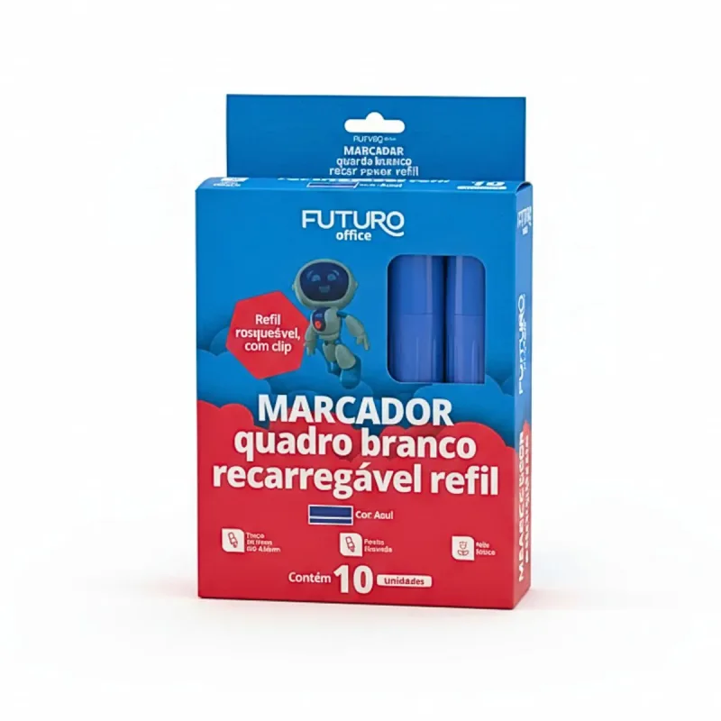Marcador para Quadro Branco Futuro Azul Recarregavel Refil com 10 Unidades