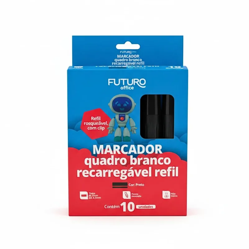 Marcador Quadro Branco Futuro Preto Recarregavel Refil com 12 Unidades