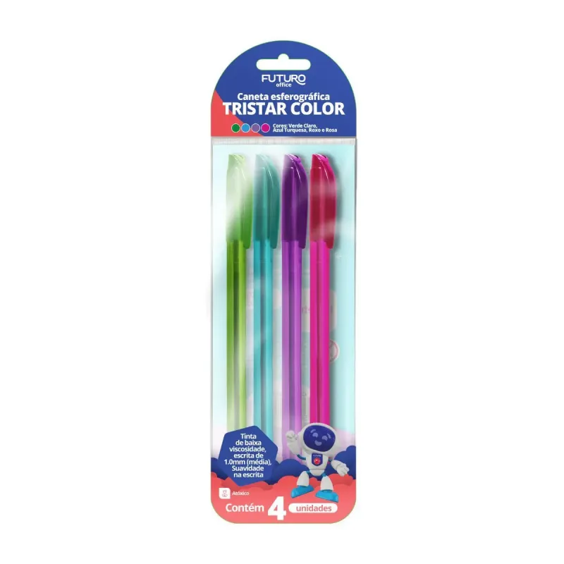 Caneta Esferografica Futuro Tristar Color 1.0mm com 4 Unidades