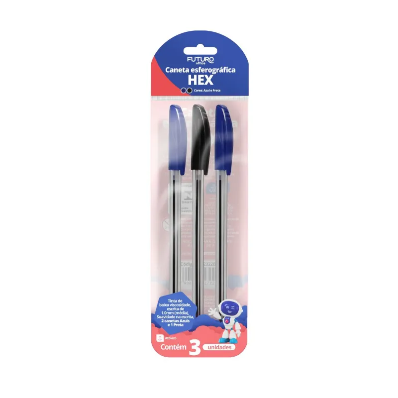 Caneta Esferografica Futuro 1.0mm Blister 2 Azul 1 Preta com 3 Unidades