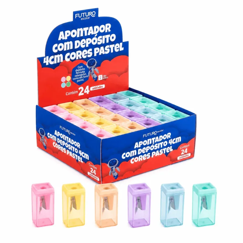 Apontador Plástico Depósito Retangular 4cm 6 Cores Pastel - 24 Unds - Futuro