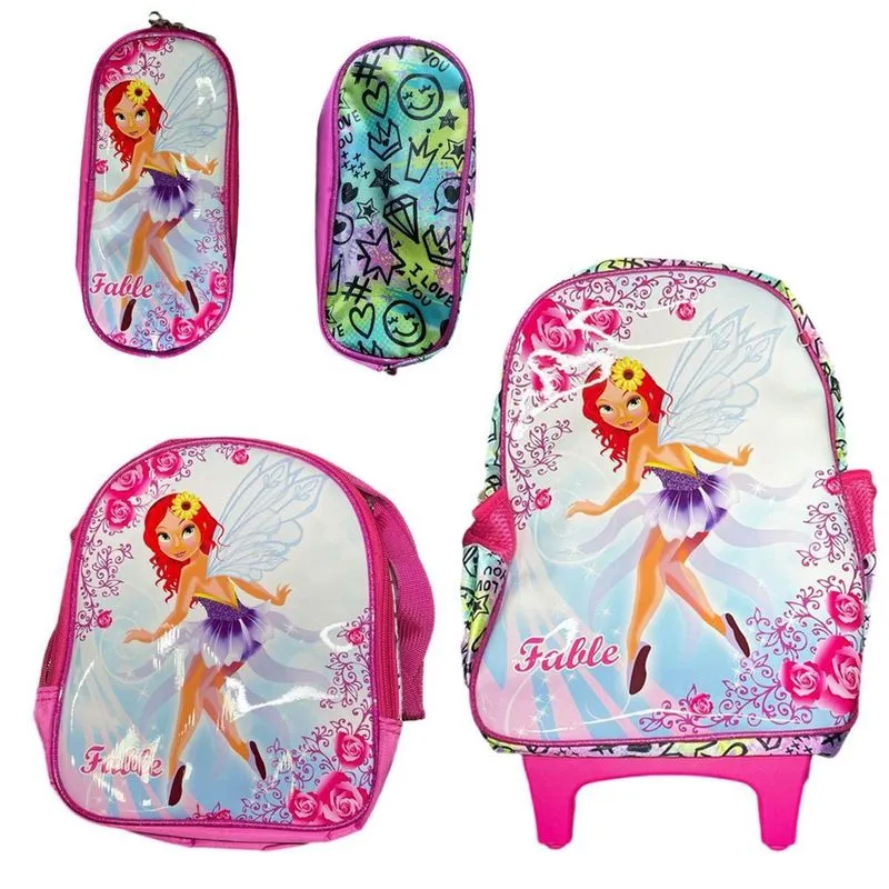 Kit Mochila Com Rodinhas E Lancheira + Estojo Fada Falile