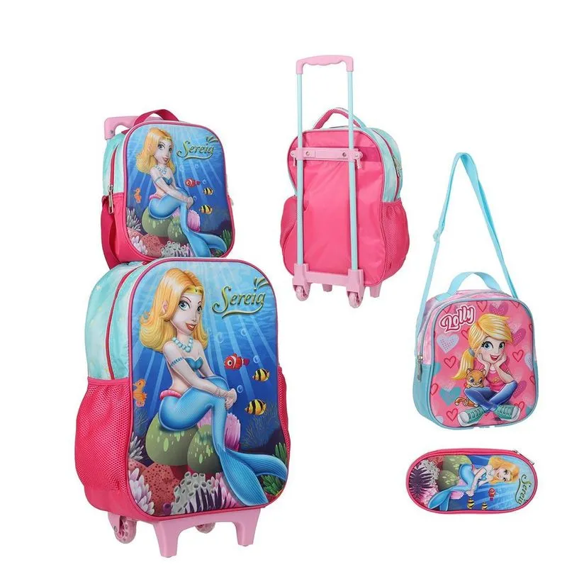 Kit Mochila Com Rodinhas E Lancheira + Estojo Sereia