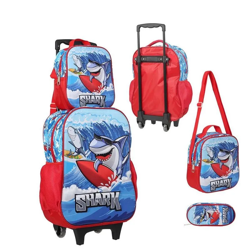 Kit Mochila 3D E Lancheira + Estojo Praia Shark