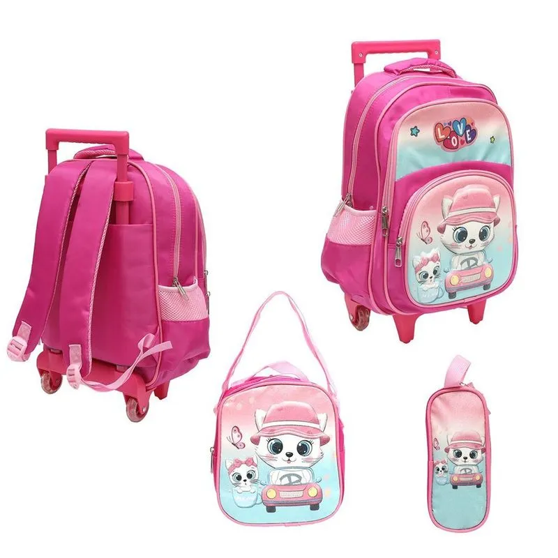 Kit Mochila Com Rodinhas E Lancheira + Estojo Love Meow