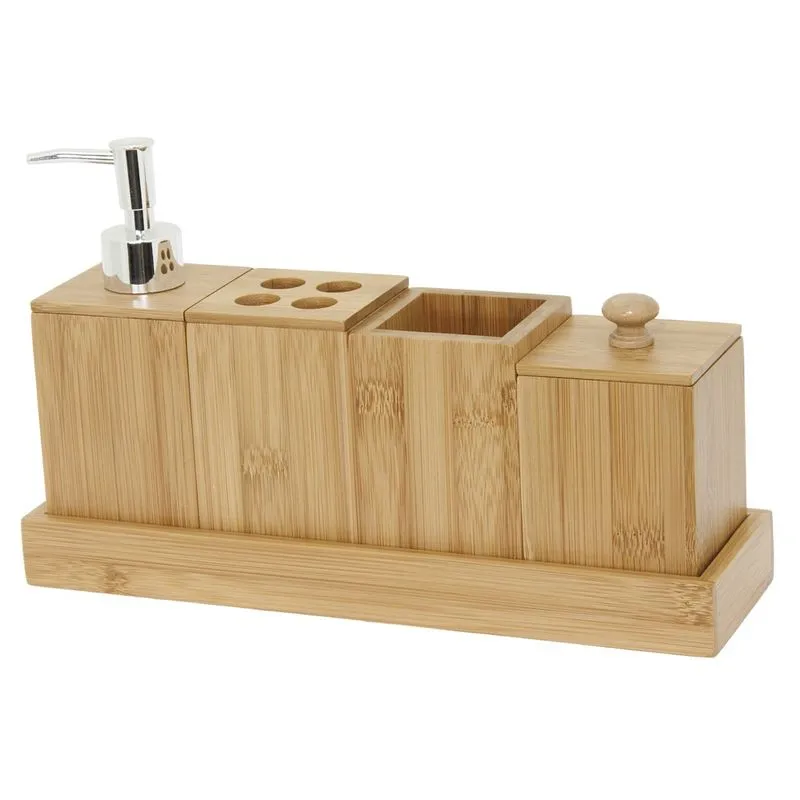 Kit para Banheiro Bambu 5 Peças Mimo Style Antibacteriano com Suporte