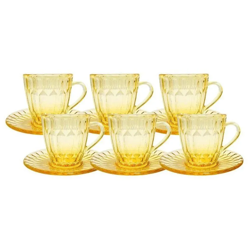 Jogo Xícaras Café Com Pires Vidro Majestic Âmbar 90ml 12pçs