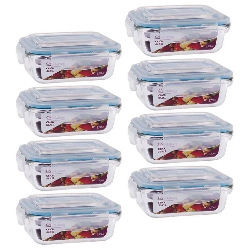 8 Potes Hermético Retangular Vidro Borosilicato Tampa 4 Travas Marmita Micro-ondas 370ml - Click Glass