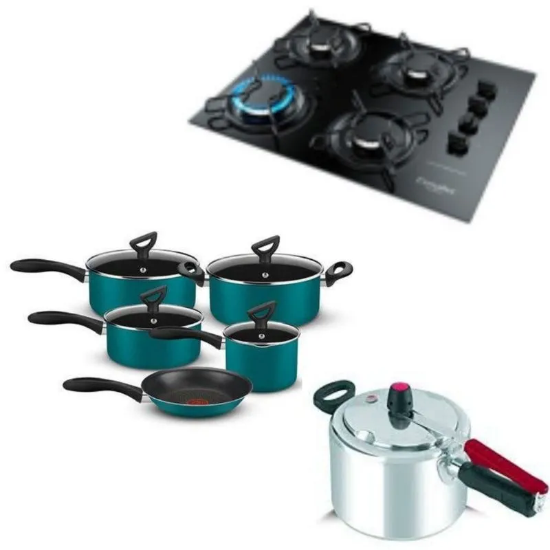 Fogão cooktop Gourmet, panelas 5 pçs Rochedo e Panela de pressão 4,5L Clock