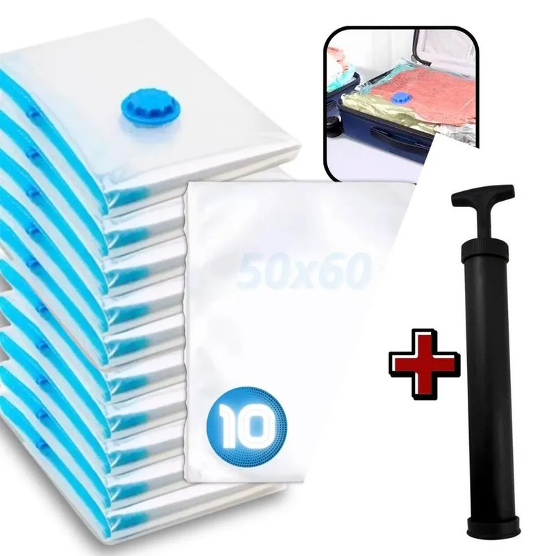Kit 10 Sacos a Vácuo 50x60 Com Zíper Para Guarda Roupas + Bomba