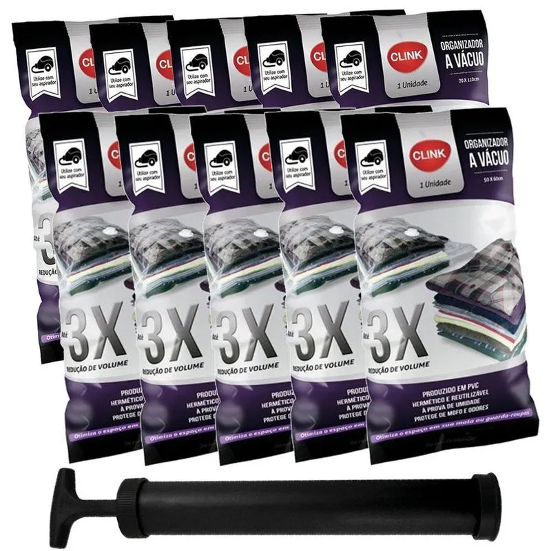 10 Saco A Vácuo Para Roupa Kit 5 50x60cm 5x 70x110cm + Bomba