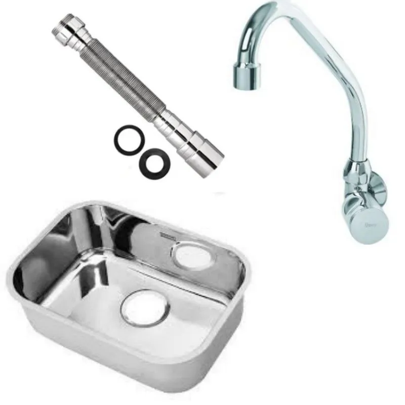 Kit 1 Sifão Sanfonado 1 Cuba Inox E 1 Torneira De Parede 1/4