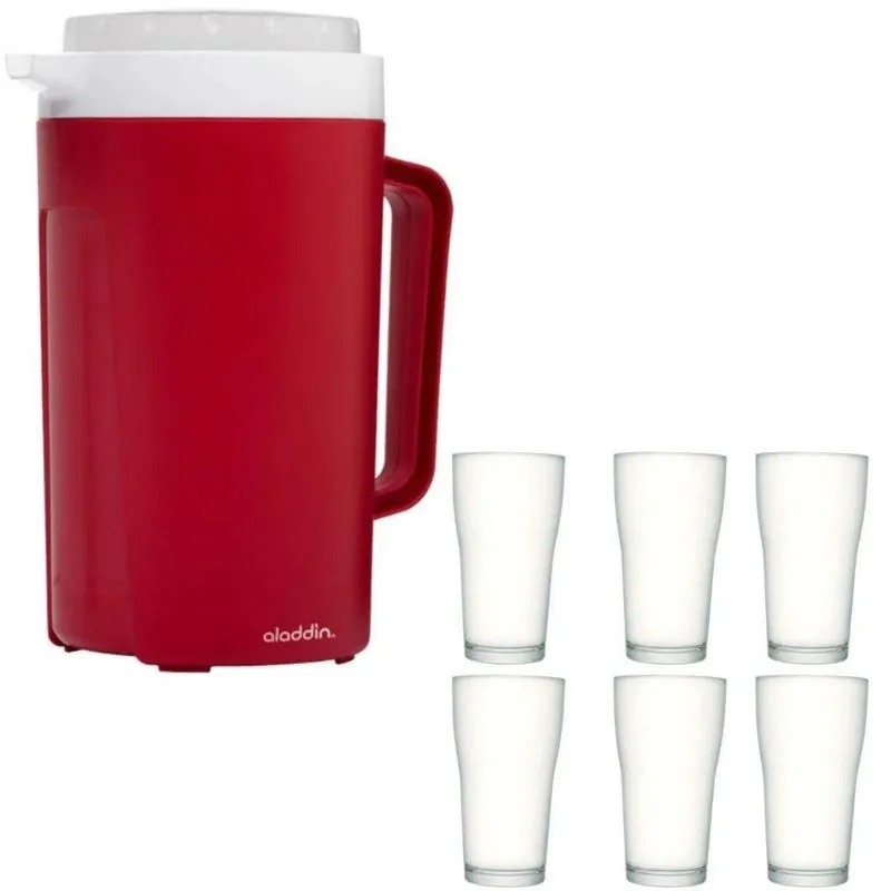 Kit Jarra Térmica Aladdin 2l Red E 6 Copos De Vidro 200ml