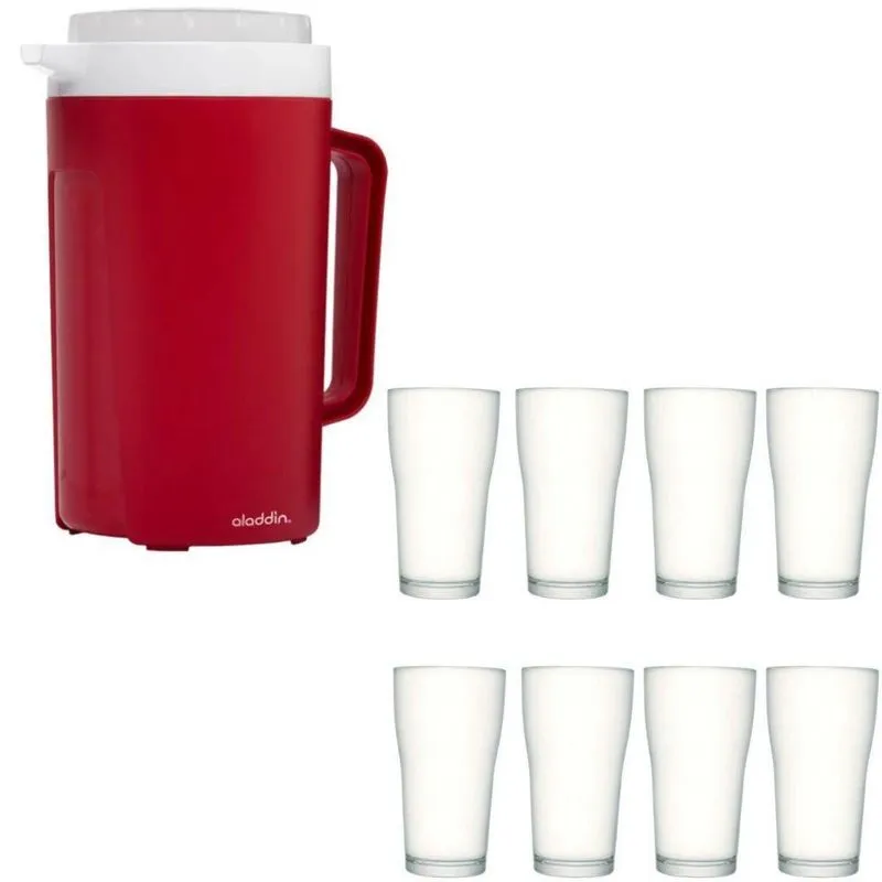 Kit Jarra Térmica Aladdin 2l Vermelho E 8 Copos Vidro 200ml