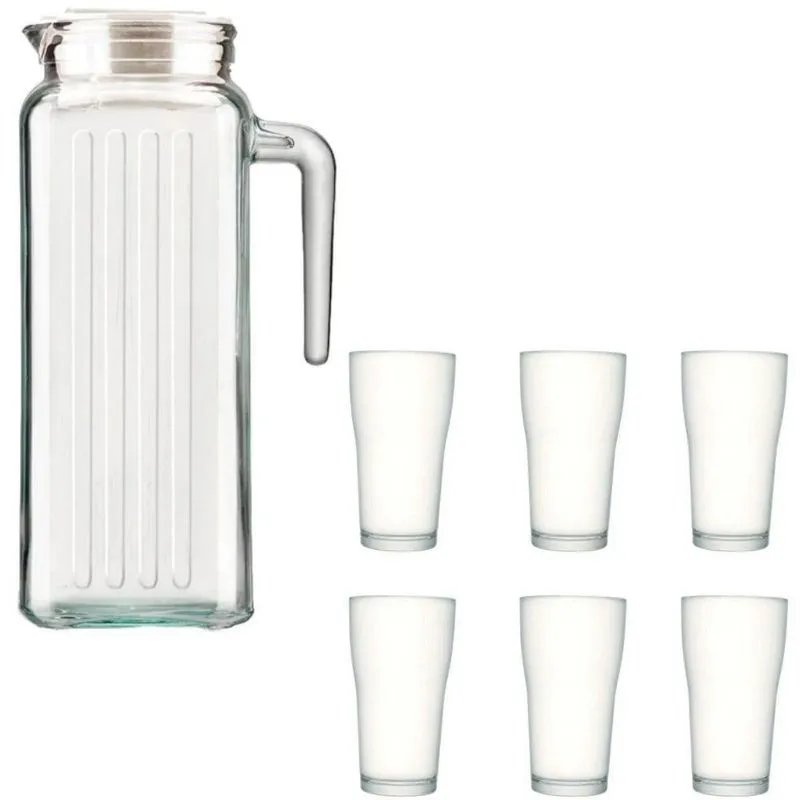 Kit Jarra De Vidro Com Tampa Branca 1,2l E 6 Copos De Vidro