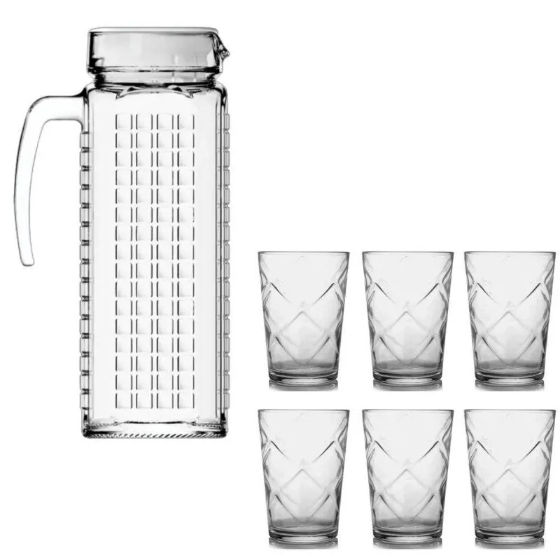 Kit Jarra De Vidro Ladrilhos Branca 1,2l E 6 Copos Maracatu
