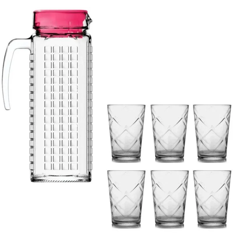 Kit Jarra De Ladrilhos Rosa 1,2l E 6 Copos Maracatu 275ml