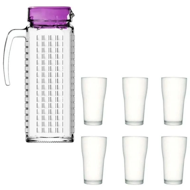 Kit Jarra De Vidro Ladrilhos Roxa 1,2l E 6 Copos De Vidro