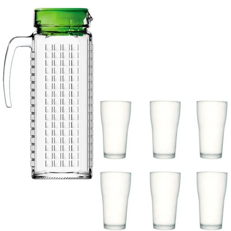 Kit Jarra De Vidro Ladrilhos Verde 1,2l E 6 Copos De Vidro
