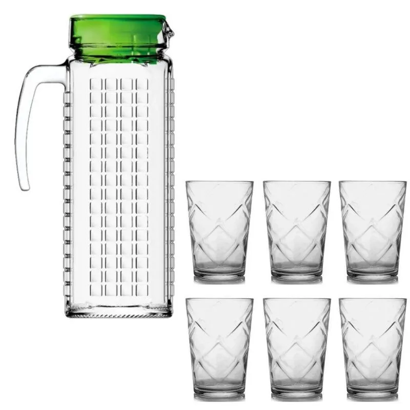 Kit Jarra Vidro Ladrilhos Verde 1,2l E 6 Copos Maracatu