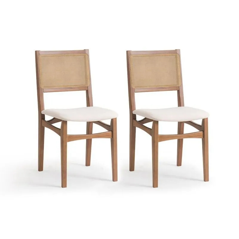 Conjunto com 2 Cadeiras Serena com Tela Nogueira Algodão Bege Claro e Marrom