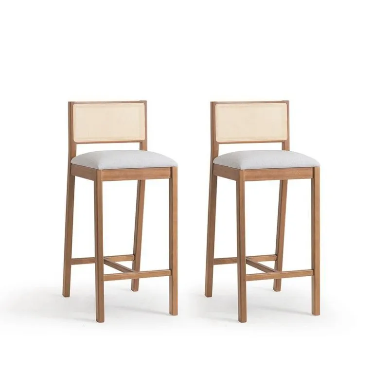 Conjunto com 2 Banquetas Serena com Tela Natural Algodão Cinza Claro e Marrom