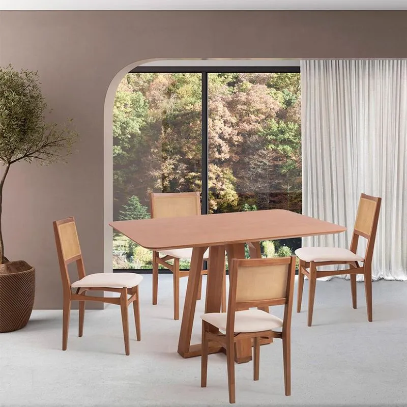 Conjunto de Mesa Retangular com Tampo de Madeira Maciça Frame e 4 Cadeiras Serena Algodão Bege Claro e Nogueira