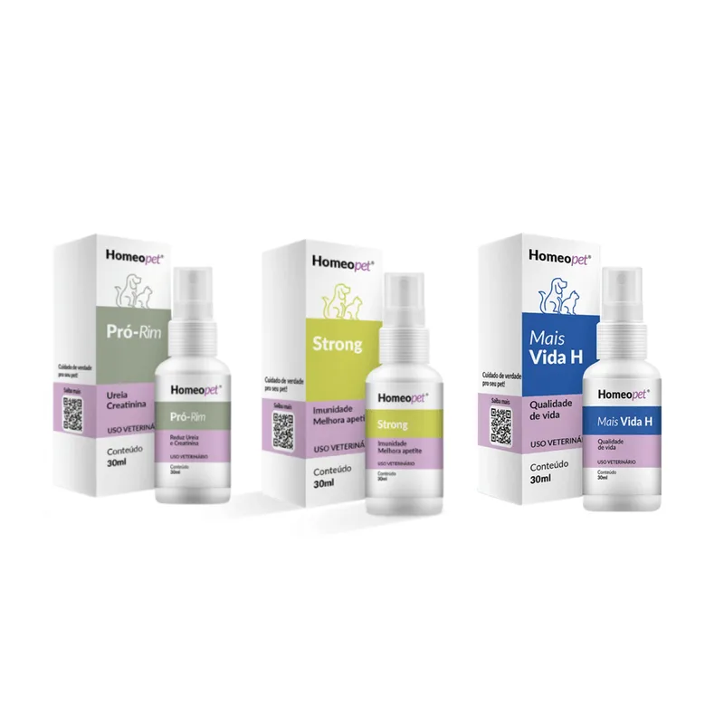 Kit Pró Rim + Mais Vida H + Strong Cães Gatos Homeopet 30ml