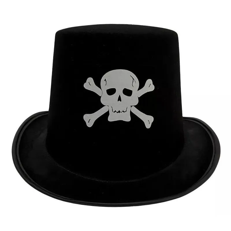 Cartola Alta Com Caveira Feiticeiro Feltro Halloween Preta