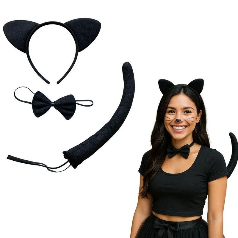 Acessório Para Fantasia Gatinha Com Poliéster Kit Com Tiara Gravata E Rabo Preto Extra Festas