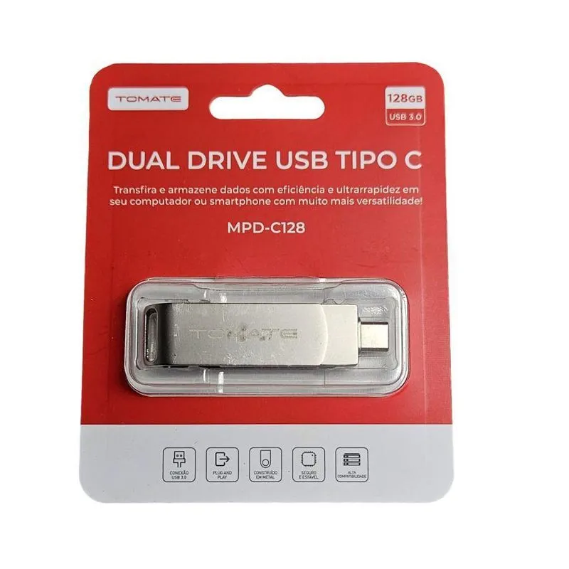 Pen Drive Duplo Usb 3.0 E Type-c 128gb Tomate Mpd-c128 Fast