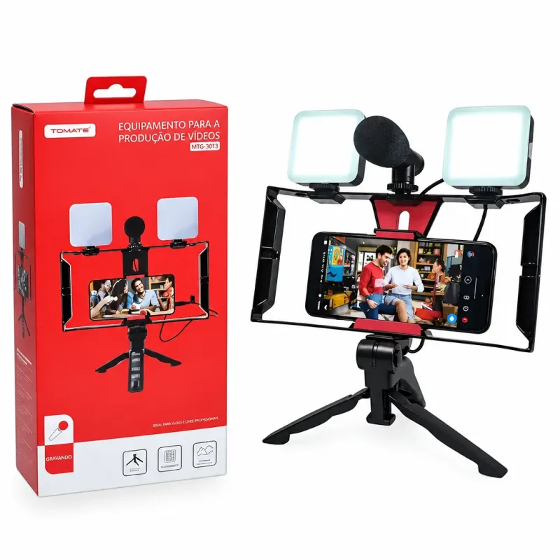 Kit Estabilizador Celular Tomate MTG-3333 com 2 Iluminadores e Microfone - Preto