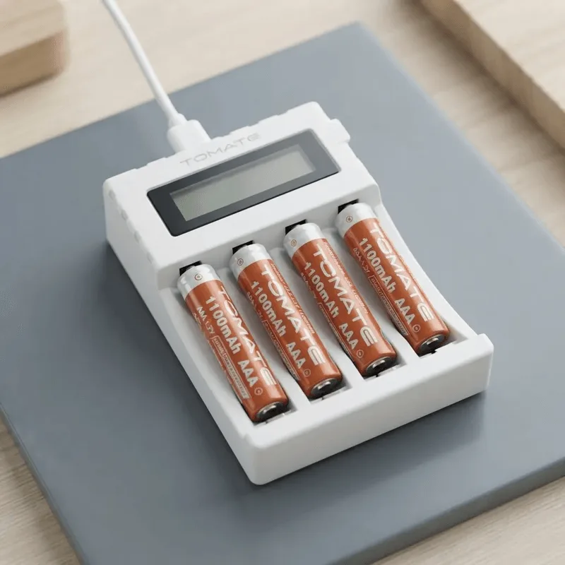 Carregador Pilhas AA AAA LCD + 4 Pilhas AAA 1100mAh Tomate MIM-3339