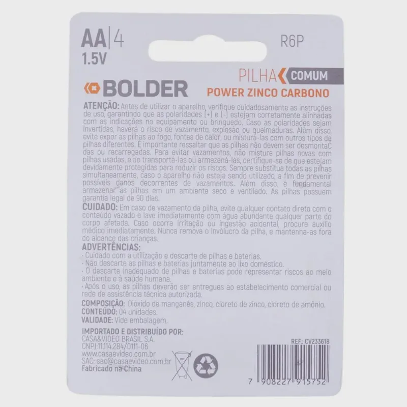 Pilha de Zinco Carbono aa com 4 Bolder