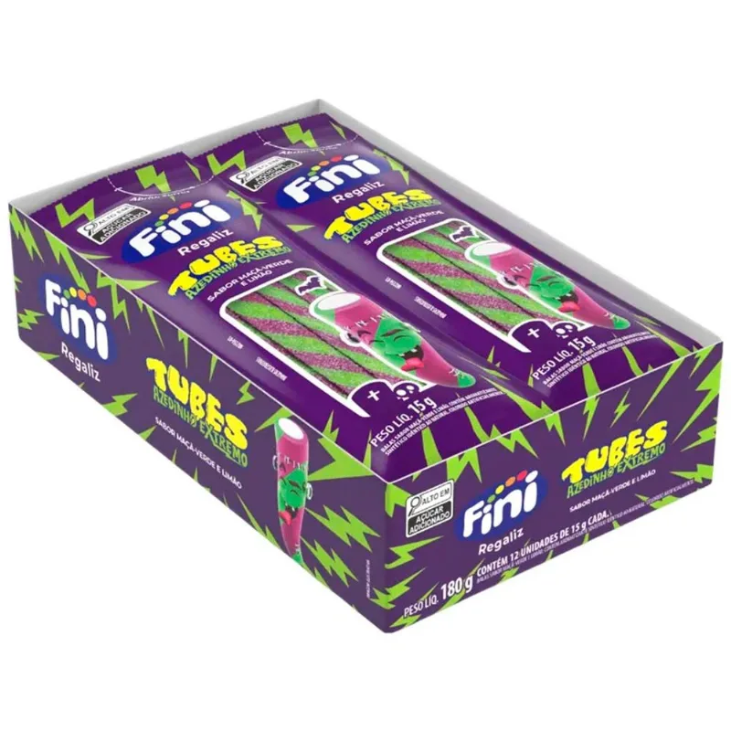 Mini Bala de Gelatina Tubes Azedinho Extremo Maçã Verde e Limão c/12 - Fini