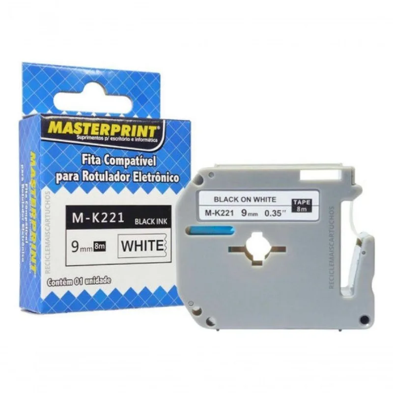 Fita Compatível Para Rotulador Masterprint M-221 Mk-221 M-k221 9mm X 8m Branca Com Impressão Preta
