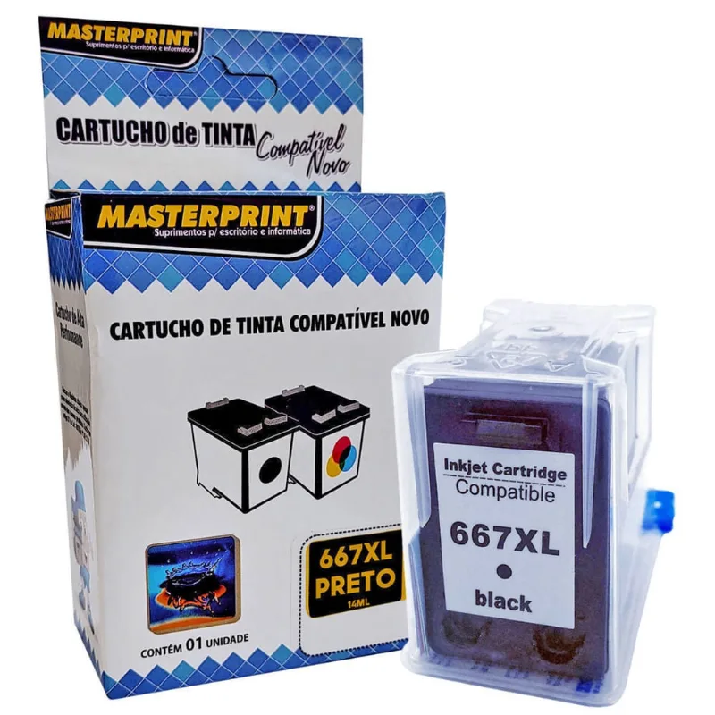 Cartucho de Tinta Masterprint Compatível com 667xl 667 para Deskjet 1275 2374 2376 2774 2776 6475 6476 Preto 14ml