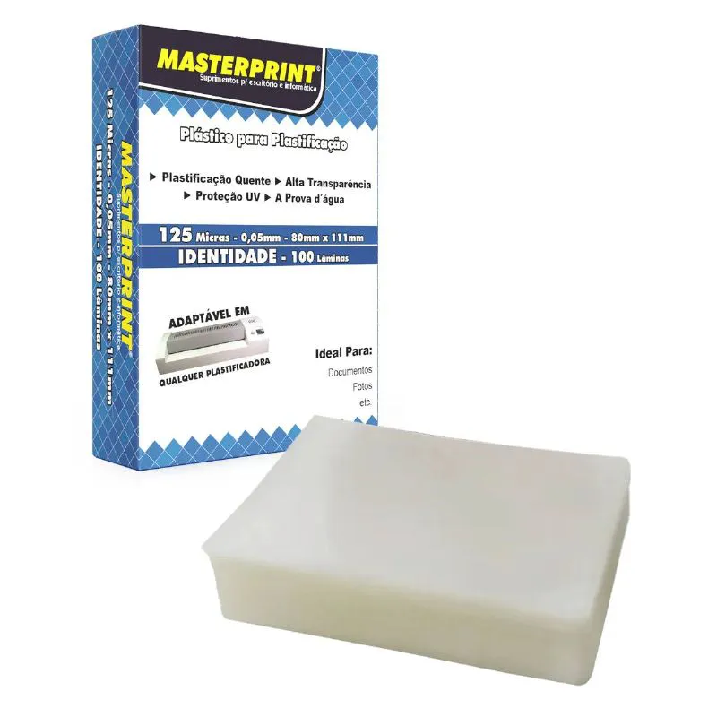 PLÁSTICO PARA PLASTIFICAÇÃO 125 MICRAS IDENTIDADE C/100 LAMINAS MASTERPRINT