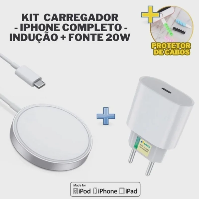 Kit Carregador Compatível Iphone Fonte Caixa 20w + Magnético Magsafe Indução p/ iPhone Iphone 11, 11 pro, 11 pro max, Iphone 12, 12 pro,12 pro max, Iphone 13, 13 pro, 13 pro max + Protetor de Cabos