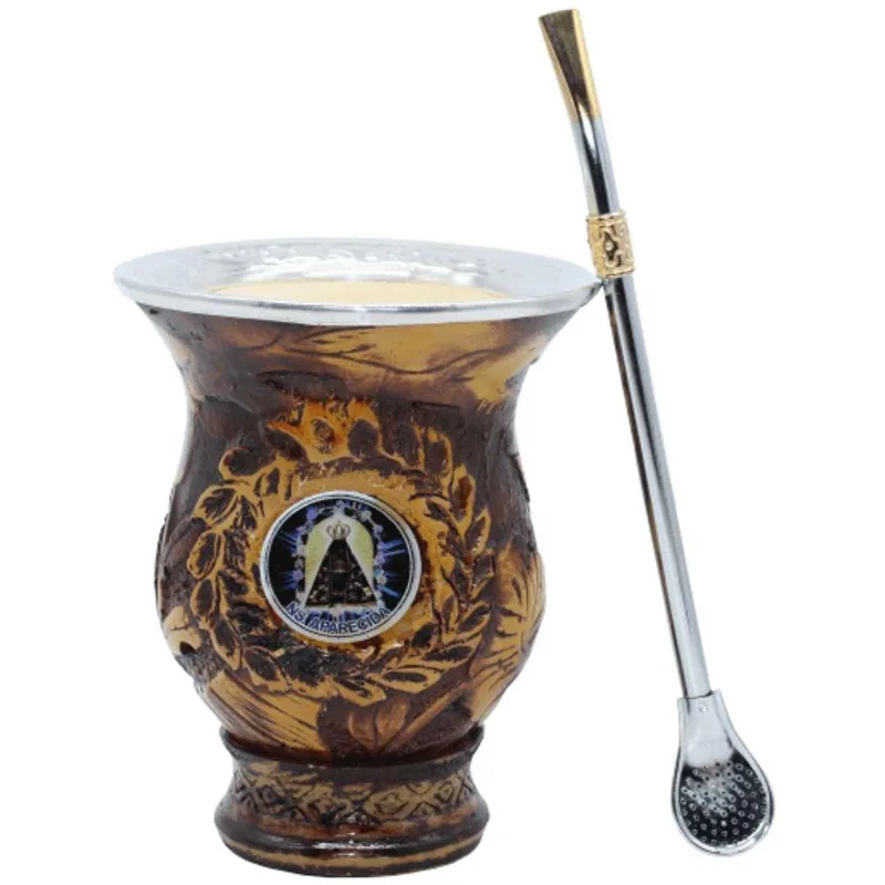 Kit Chimarrao Cuia Luxo Resina Nossa Sra Aparecida C/ Bomba Cod 105